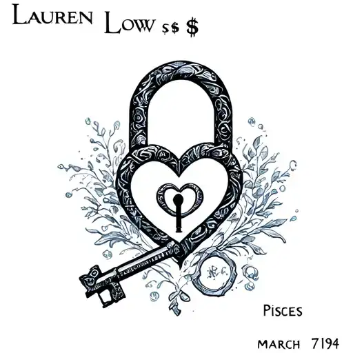 "Lauren Low$" Pisces symbol, aquatic theme, march 7 1994, lock heart and key tattoo design idea
