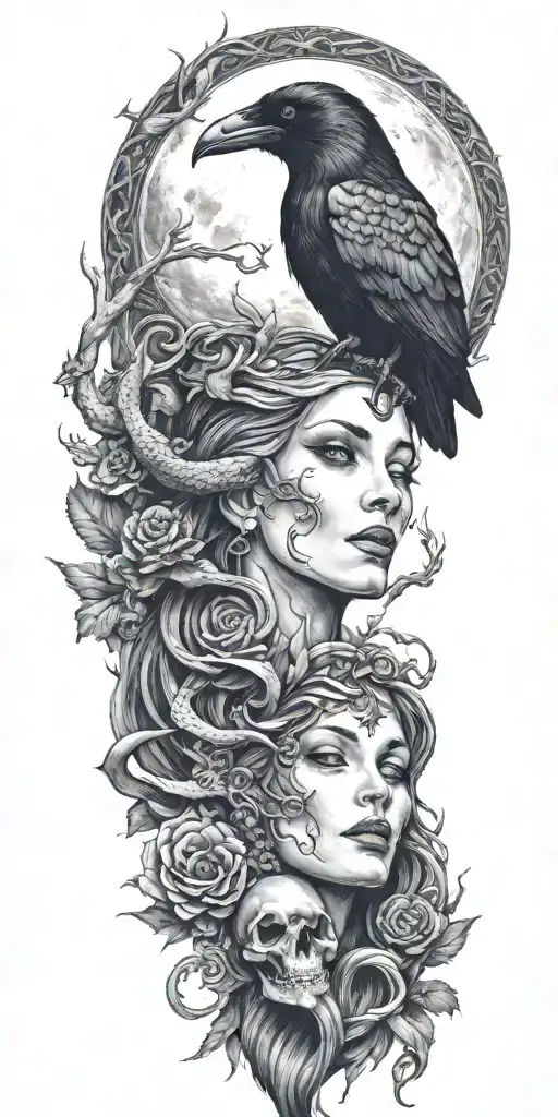 goddess of death, raven, snake, moon tattoo design idea