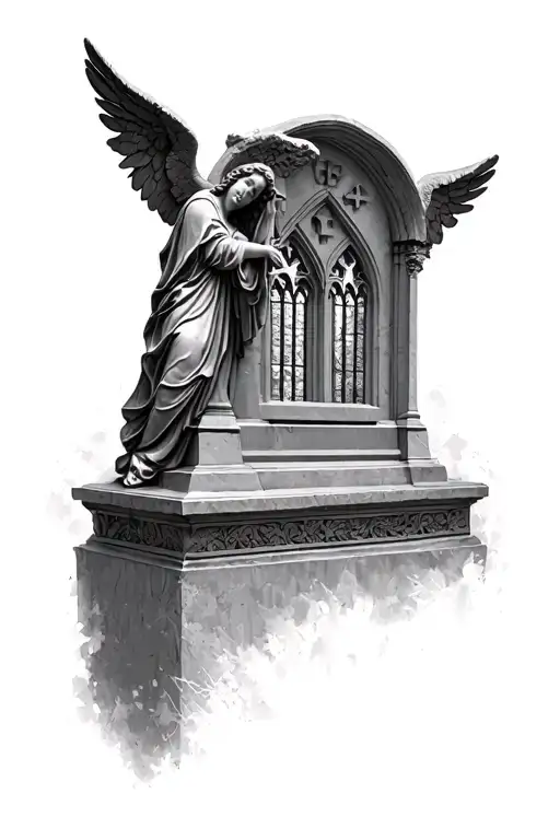 Religious Tombstone 🪦 with an Angel leaning over it and cathedral windows over it tattoo design idea