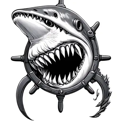 shark jaw with a ship wheel inside on the knee tattoo tattoo design idea
