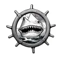 shark jaw with a ship wheel inside on the knee tattoo tattoo design idea