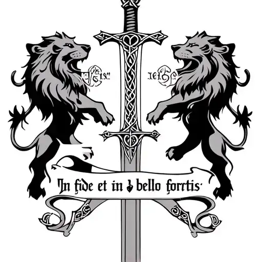 "In fide et in bello fortis " "In fide et in bello fortis " use gotihic font and and a mix of Celtic and old Christian symbolism. Possibly depicting 2 lions either side of a sword tattoo design idea