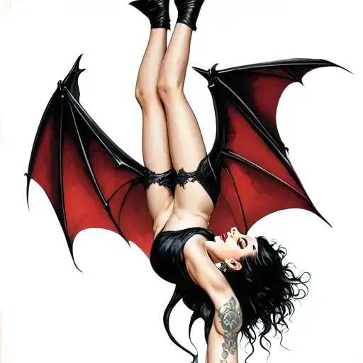 Vertical American traditional tattoo design of a seductive athletic female vampire hanging upside down by her feet, bat  tattoo design idea