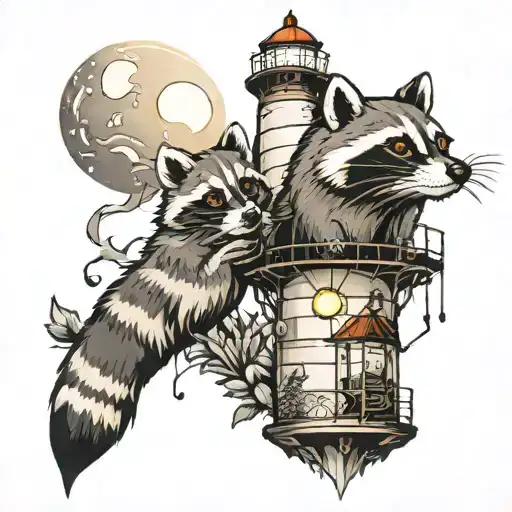 racoon lighthouse shining tattoo design idea