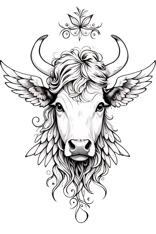  cow head thin lines angel wings feminine  tattoo design idea