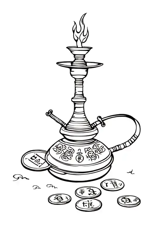 geisha burning shisha with good luck coins and money tattoo design idea
