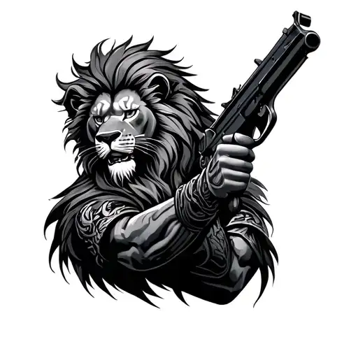 lion hair warrior with a gun tattoo design idea