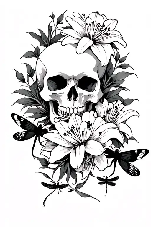 skull with spider lilies and dragonflys  tattoo design idea