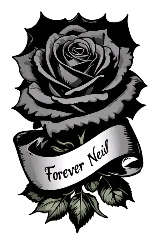 "Forever Neil" black rose with banner wrapped loosely infront tattoo design idea