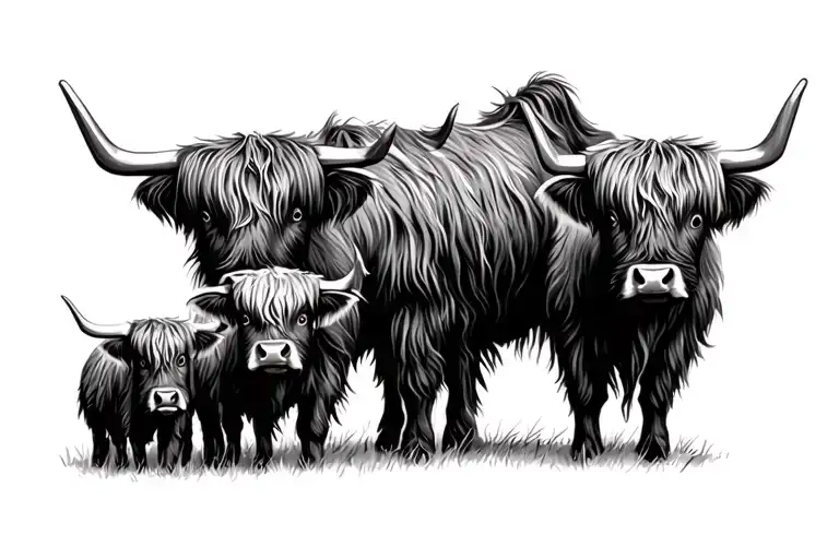 highland cow family of 4 tattoo design idea