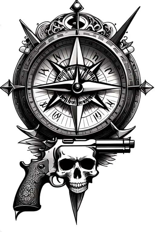 compass, clock, triangle with eye inside, skull, pistol, tattoo model one on top of the other with perfect fit, tattoo f tattoo design idea