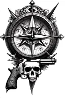 compass, clock, triangle with eye inside, skull, pistol, tattoo model one on top of the other with perfect fit, tattoo f tattoo design idea