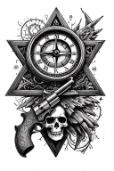 compass, clock, triangle with eye inside, skull, pistol, tattoo model one on top of the other with perfect fit, tattoo f tattoo design idea