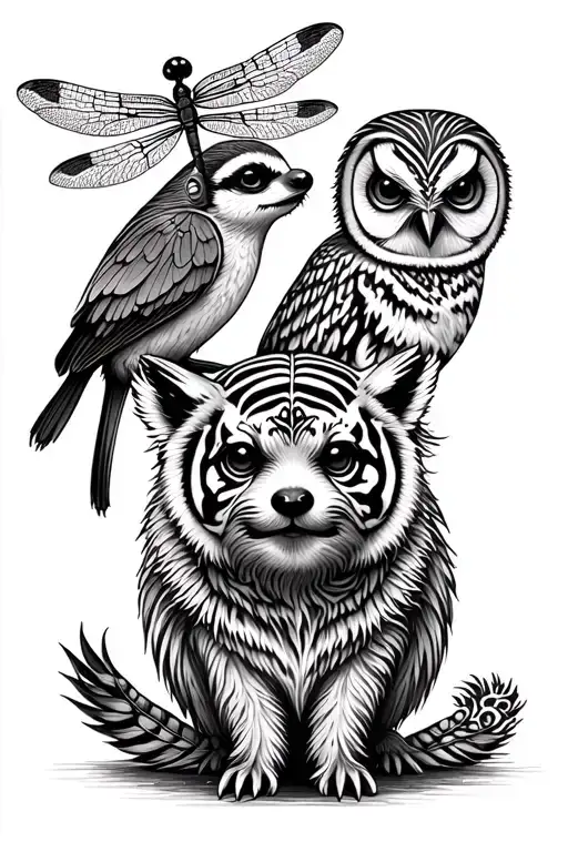 dragonfly, meercat, sloth, owl and tiger spirit animals tattoo design idea
