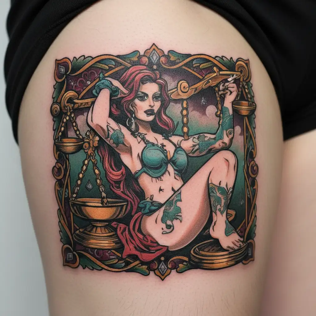 druggeed looking prostitute holding the scales of justice in one hand and aa dildo in the other tattoo design idea