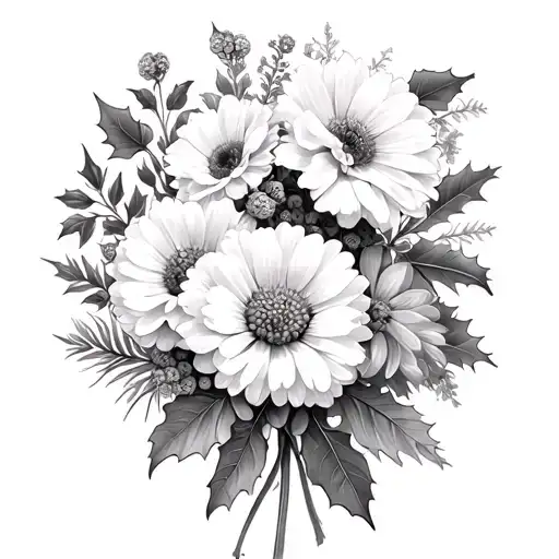 a black and white drawing of flowers containing the flowers carnation, daisy, holly and chrysanthemums  tattoo design idea