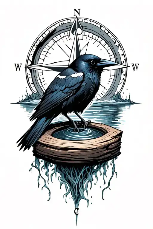 crow, compass, wood, water, Strange, mystery tattoo design idea