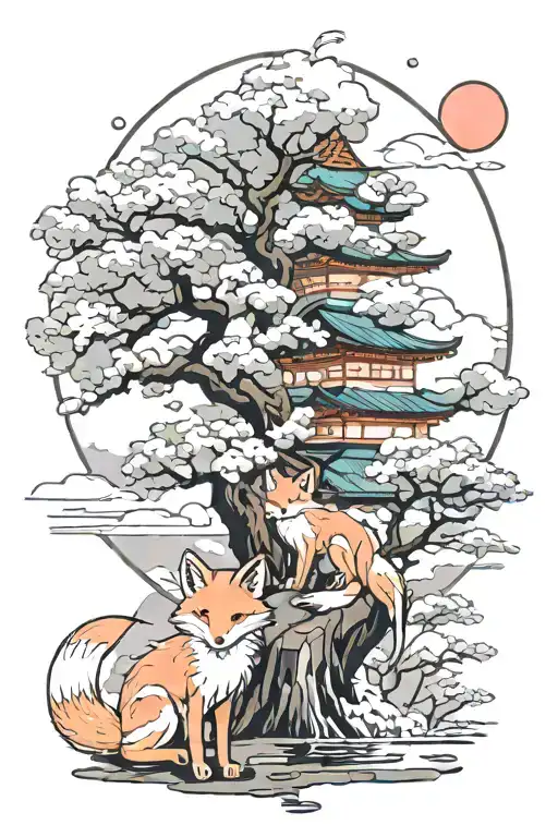 Sakura tree, kitsune fox, mont fuji background black tattoo design idea