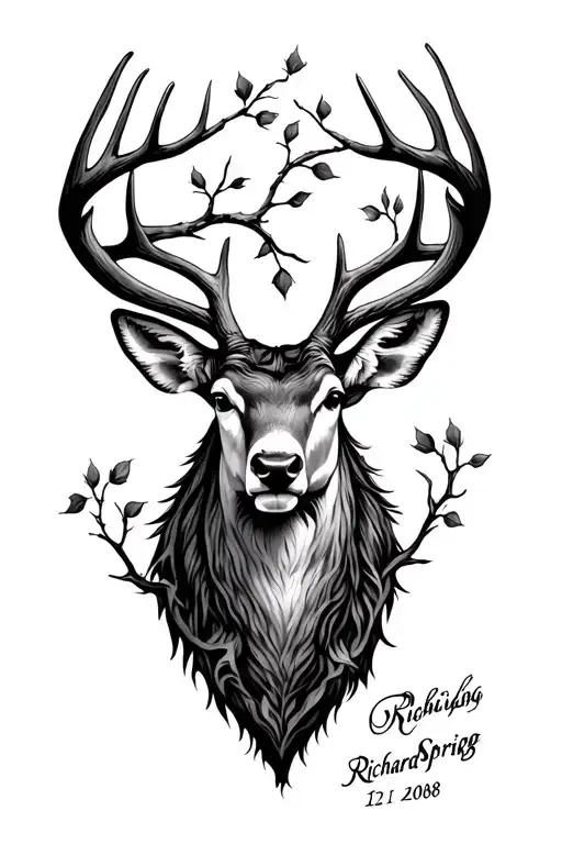 buck head intertwined with vines no leaves with Richard Sprigg written underneath and the date 1/21/1968 - 1/19/2019 tattoo design idea