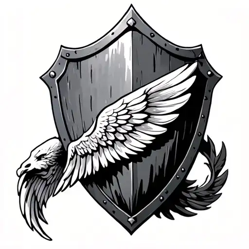 medieval shield with a angel wing covering the left sideof the shield tattoo design idea