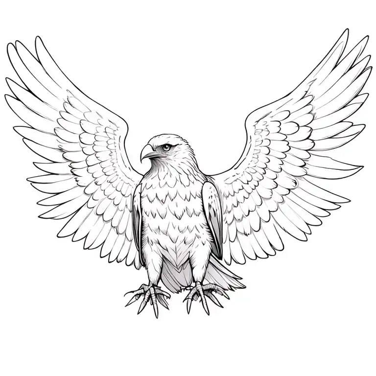 Front-facing eagle tattoo, black ink, wings spread, fine lines, perfect symmetry, detailed feathers, talons tattoo design idea