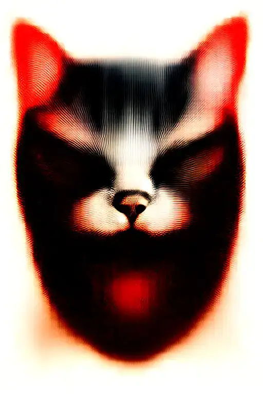 junkyard cat face. Wide black stripe down his face. lips tucked.teeth are out and showing with a large broken top fang tattoo design idea