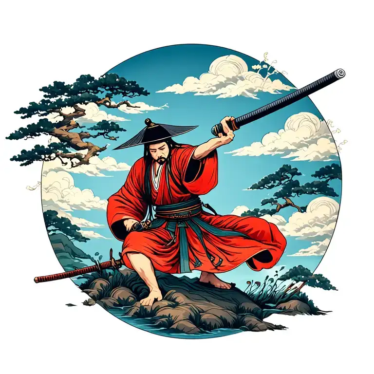 retiring samurai burying Sword at peach tree tattoo design idea