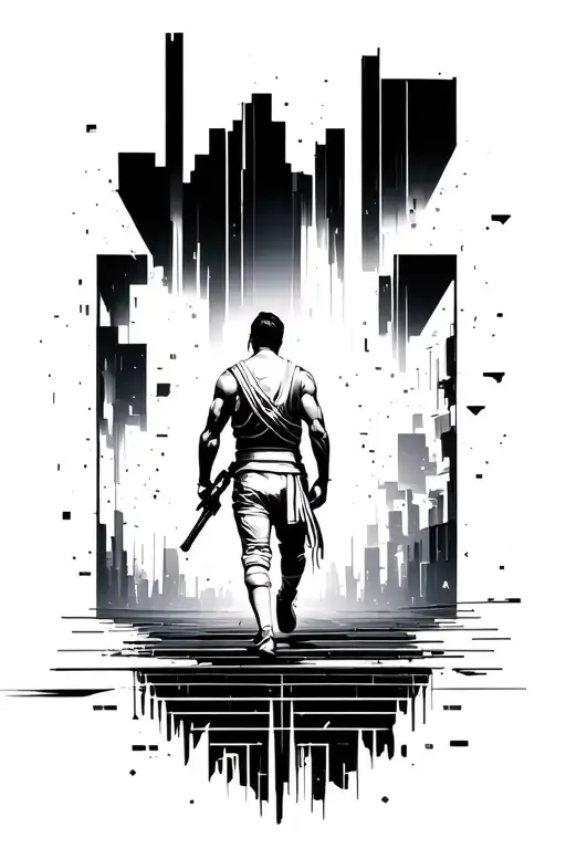 An lean warrior walking through urban destructive chaos geometric background towards a better future. Seen from behind tattoo design idea