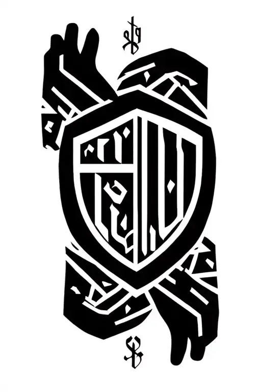 Arabic calligraphy of his name:"أنصار أمين" – elegant and meaningful.Symbolic sigil:A shield + two hands + Caprico tattoo design idea