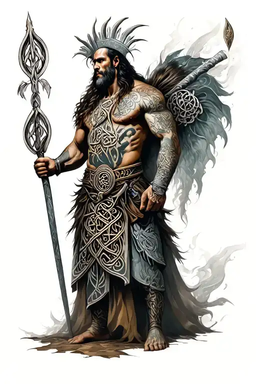 Celtic warrior with lung and an ancient background construction tattoo design idea