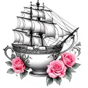 ship and teacup with pink roses intertwined tattoo design idea
