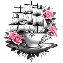 ship and teacup with pink roses intertwined tattoo design idea