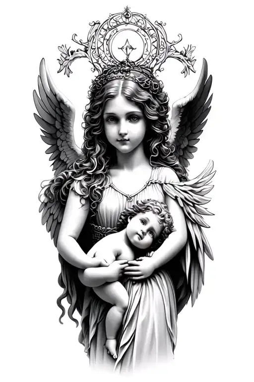 Gothic beautiful female angel and a small cherub, metal like tattoo design idea