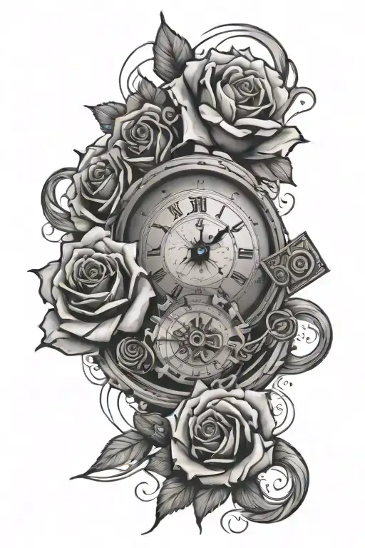 roses, sand clock and akatsuki clouds forming the shape tattoo design idea