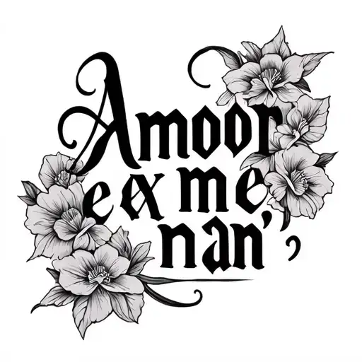 "Create an image of the Latin phrase Amor ex me ma' written in a classic serif font. tattoo design idea