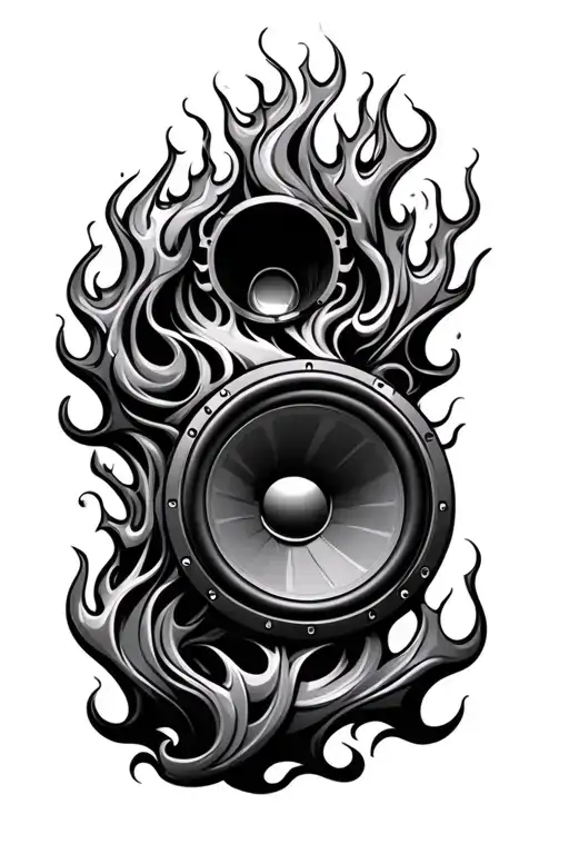 subwoofer producing old school hotrod type flames and musical notes intertwined  tattoo design idea