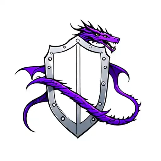 a silver shield with a purple dragon wrapped around it, its wings unfurled tattoo design idea