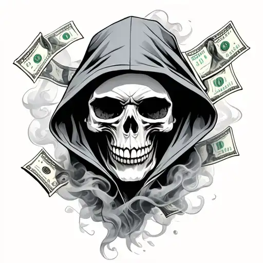 skull hood smoke money falling tattoo design idea