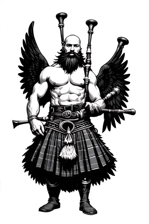 muscular bagpiper bald black beard black big wings on his back tattoo design idea