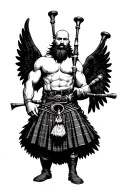 muscular bagpiper bald black beard black big wings on his back tattoo design idea