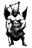 muscular bagpiper bald black beard black big wings on his back tattoo design idea