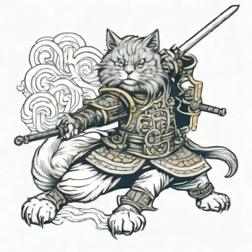 persian cat samurai warrior battling tattoo design idea