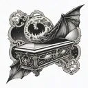 coffin with bats and upside down moon  tattoo design idea