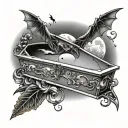 coffin with bats and upside down moon  tattoo design idea
