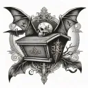 coffin with bats and upside down moon  tattoo design idea