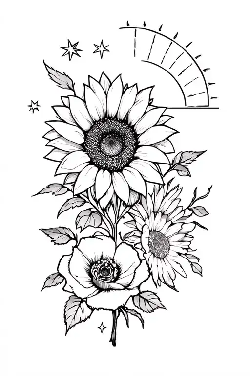 2 sunflowers, a rose, 2 honeysuckles, a poppy, an aster, a morning glory, half sun top right and stars tattoo design idea