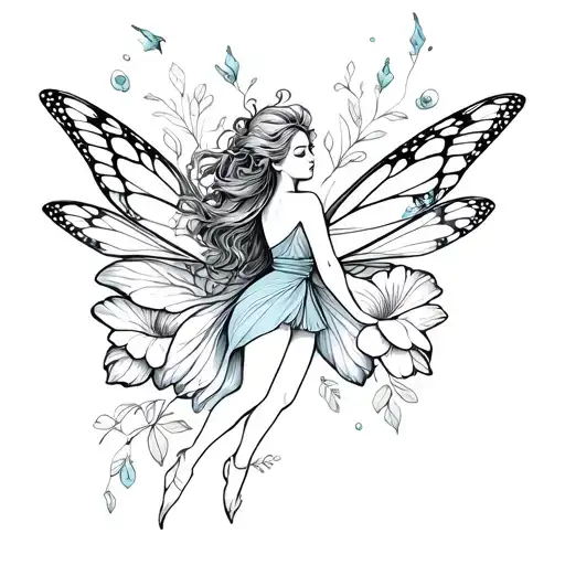 pixie dust, fairy flying, flowers, butter fly, magic tattoo design idea