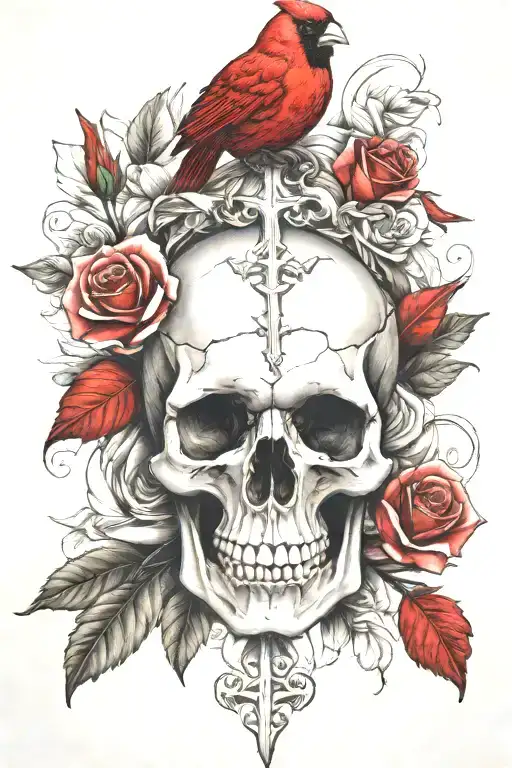skull,cross, cardinal,white rose tattoo design idea