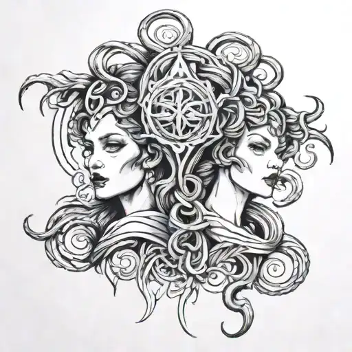 A monochromatic tattoo design featuring a symmetrical, split-face portrait of Medusa and Maleficent.  tattoo design idea