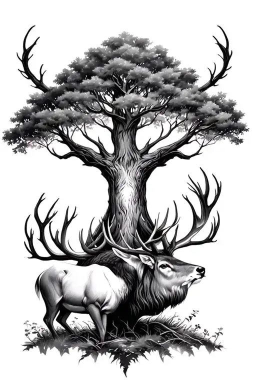 Yggdrasil tree doe and buck drawing style tattoo design idea